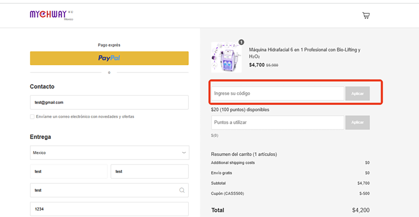 Ejemplo de aplicación del código de descuento